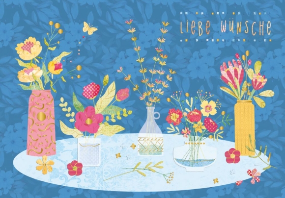 Doppelkarte: Liebe Wünsche - Blumen in Vasen