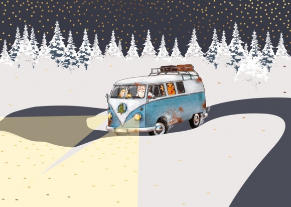 Postkarte: Transporter im Schnee