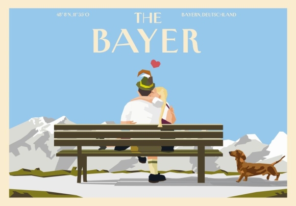 Postkarte: The Bayer - Paar auf Bank mit Dackel