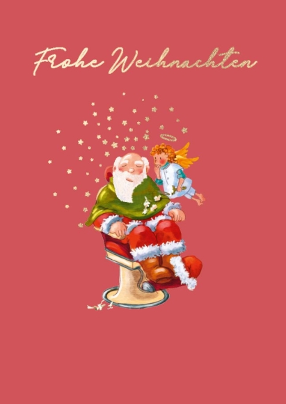 Postkarte: Frohe Weihnachten - Weihnachtsmann beim Frisuer