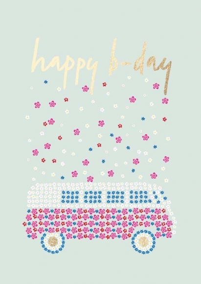 Postkarte:happy b-day Blumentransporter