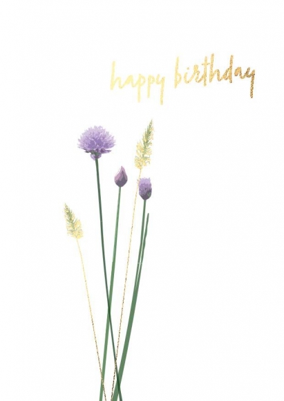 Postkarte: Happy birthday Schnittlauch-Blüten