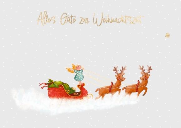 Postkarte: Alles Gute zur Weihnachtszeit - Engel auf Schlitten