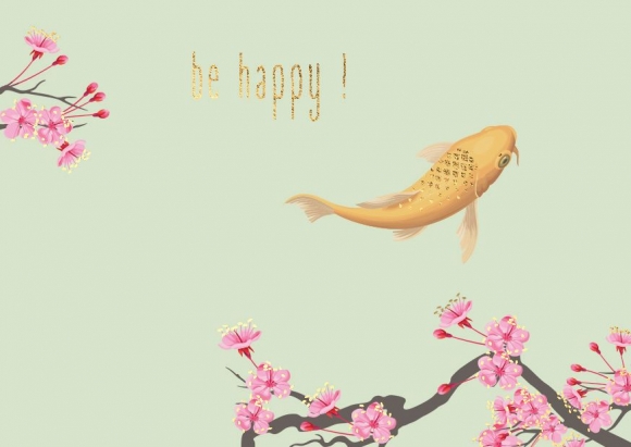 Postkarte: Koi u. Blüte - Be Happy!