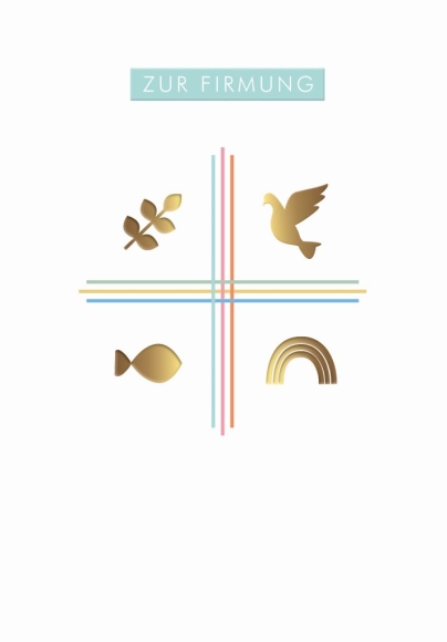 Doppelkarte: Zur Firmung - Blatt, Taube, Fisch und Regenbogen