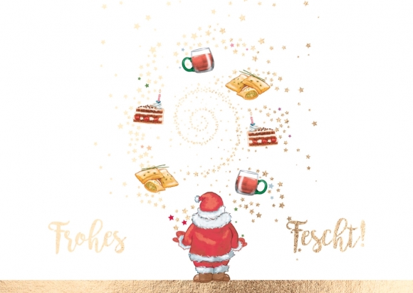 Doppelkarte: jonglierender Weihnachtsmann - Frohes Fescht!