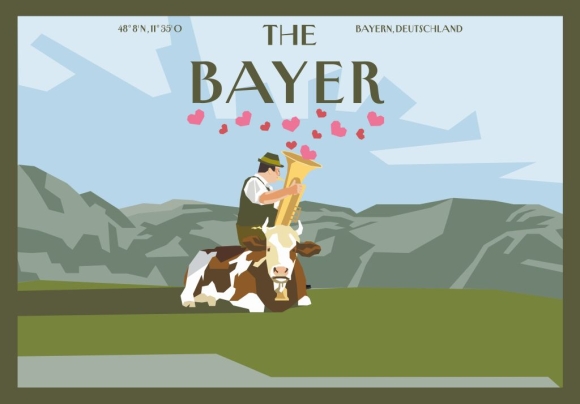 Postkarte: The Bayer - Tuba auf Kuh mit Herzen