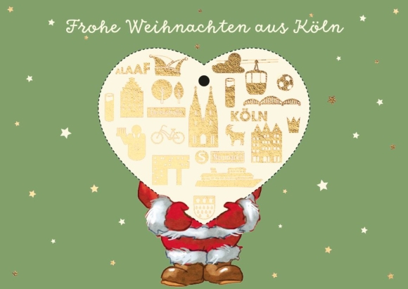 Postkarte: Frohe Weihnachten aus Köln - Weihnachtsmann mit Herz
