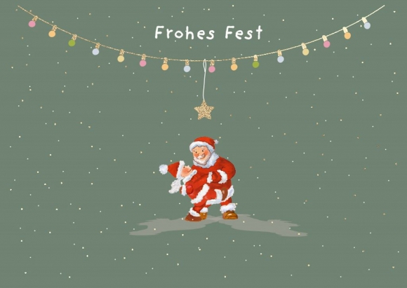 Postkarte: Frohes Fest Weihnachtsmann tanzt mit Weihnachtsfrau