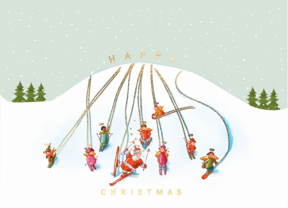 Postkarte: Happy Christmas - Weihnachtsmann fährt Ski