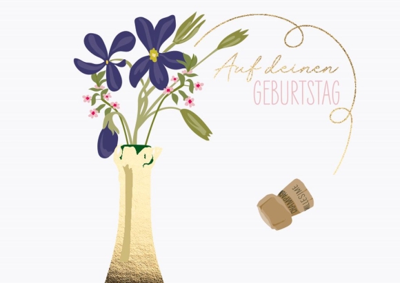 Postkarte: Auf Deinen Geburtstag - Champagnerflasche mit Blumen