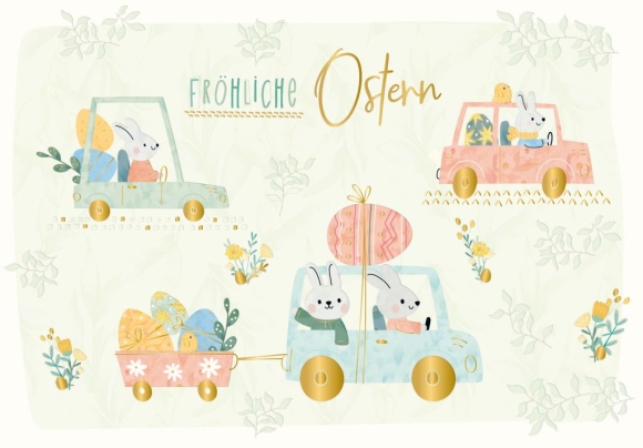 Doppelkarte: Fröhliche Ostern - Häschen im Auto