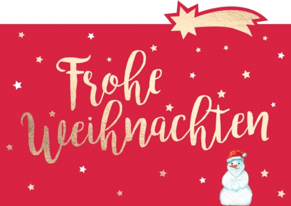 Postkarte: Frohe Weihnachten - Schneemann mit Weihnachtsmütze