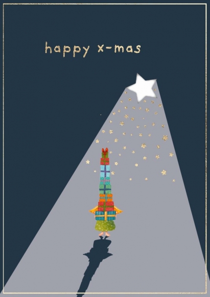 Postkarte: happy x-mas Engel mit Geschenken
