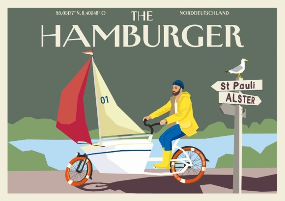 Postkarte: The Hamburger - Lastenrad mit Segel
