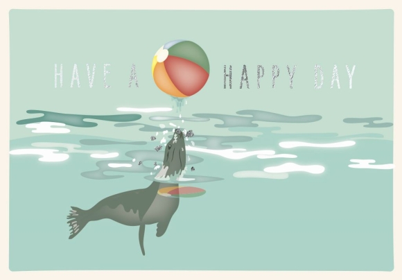 Doppelkarte: Have a Happy Day - Robbe mit Ball