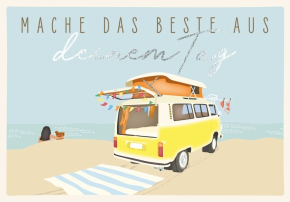 Doppelkarte: Mache das Beste aus deinem Tag - Gelber Campingwagen am Strand