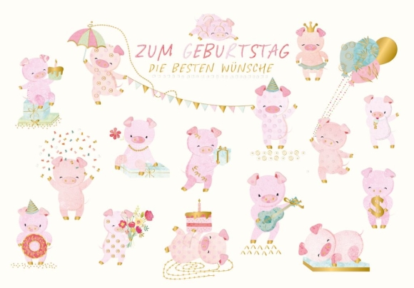 Doppelkarte: Zum Geburtstag die besten Wünsche - Schweinchen