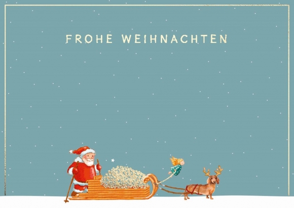 Postkarte: Frohe Weihnachten Dackel zieht Schlitten