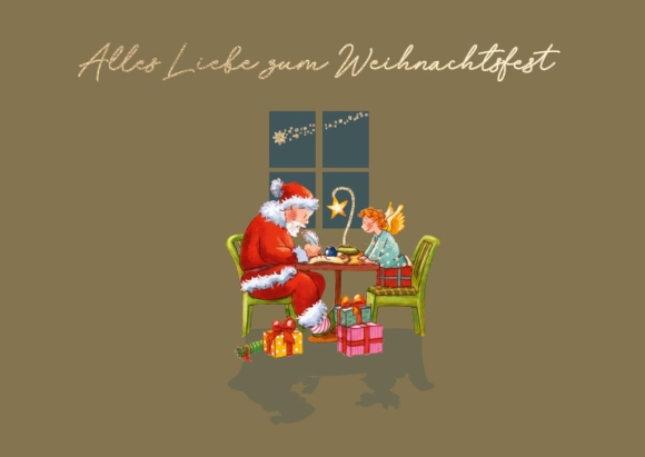 Postkarte: Alles Liebe zum Weihnachtsfest - Weihnachtsmann und Engel am Schreibtisch