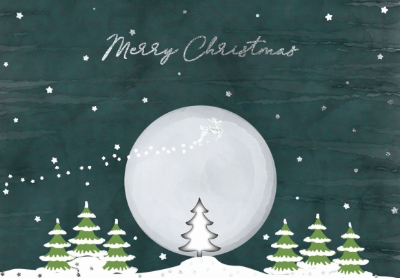 Doppelkarte: Merry Christmas - Rudolf und Baum vor Mond