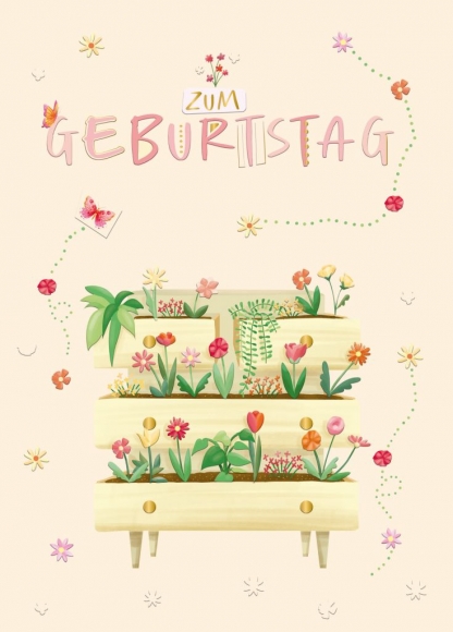 Maxi-Doppelkarte: Zum Geburtstag Kommode mit Blumen
