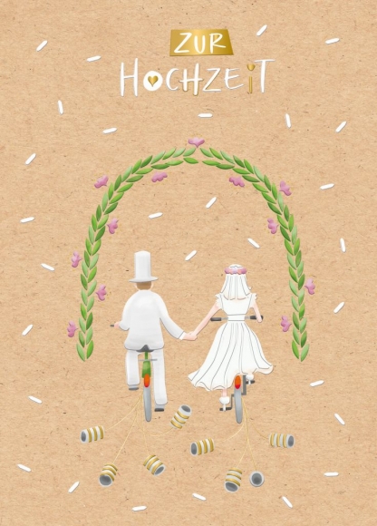 Maxi-Doppelkarte: Zur Hochzeit Brautpaar auf Fahrrad