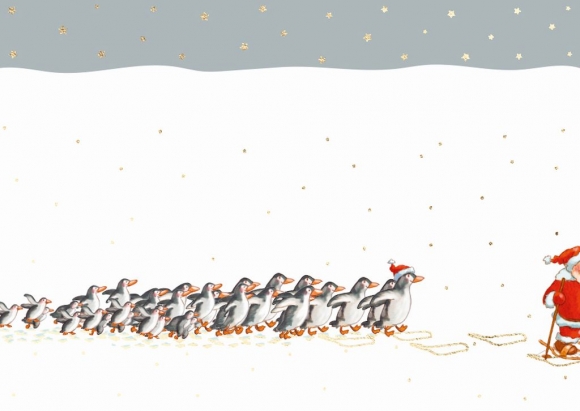 Postkarte: Pinguine hinter Weihnachtsmann auf Skiern