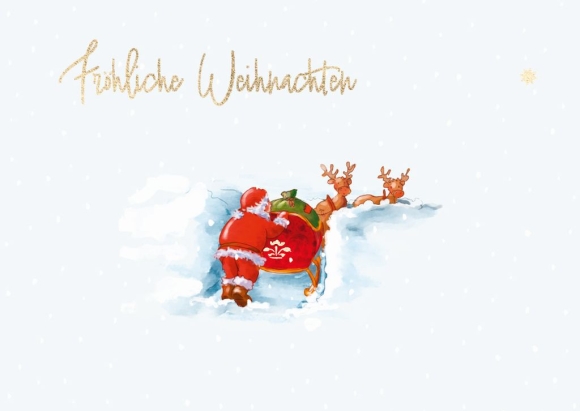 Postkarte: Fröhliche Weihnachten - Weihnachtsmann mit Schlitten im Schneegestöber
