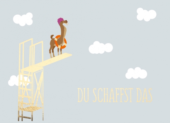 Postkarte: Du schaffst das- Sprungturm mit Lama