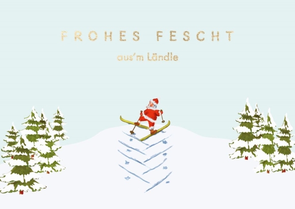 Doppelkarte: Frohes Fescht aus&#039;m Ländle - Weihnachtsmann auf Skiern