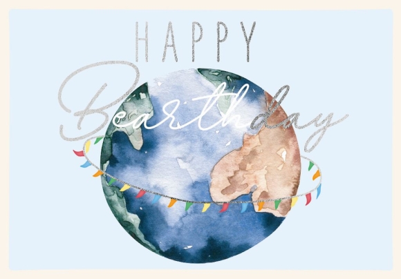 Doppelkarte: Happy Bearthday - Weltkugel mit Girlande