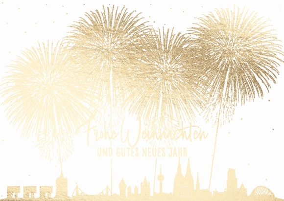 Doppelkarte: Frohe Weihnachten und Gutes Neues Jahr - Kölner Skyline mit Feuerwerk
