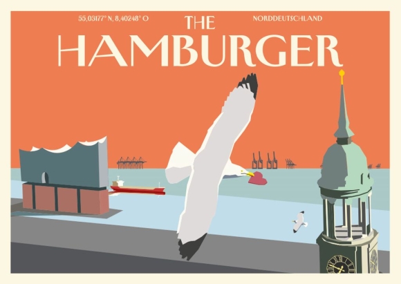 Postkarte: The Hamburger - Möwe mit Herz