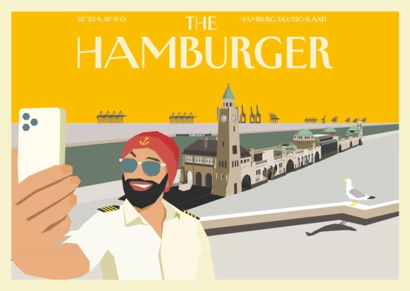 Postkarte: The Hamburger - Selfie an den Landungsbrücken