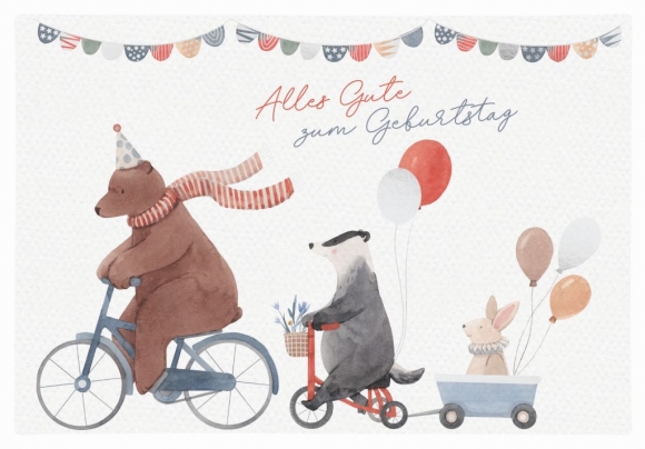 Doppelkarte: Alles Gute zum Geburtstag - 3 Tiere auf Rädern