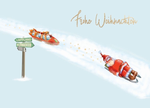 Postkarte: Frohe Weihnachten - Weihnachtsmann und Bobschlitten